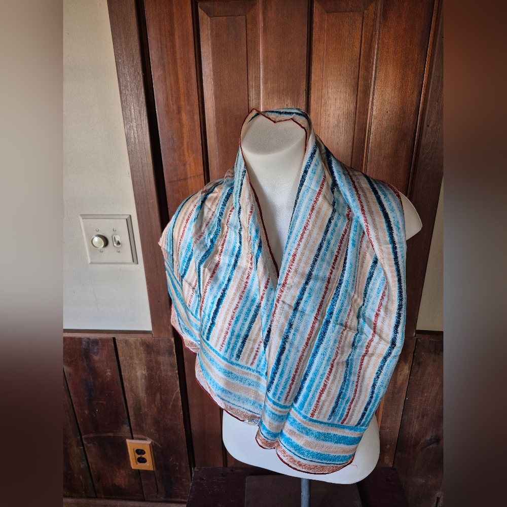 Echo Multicolor Striped Silk-Chinon Scarf in Blue, Red, Cream